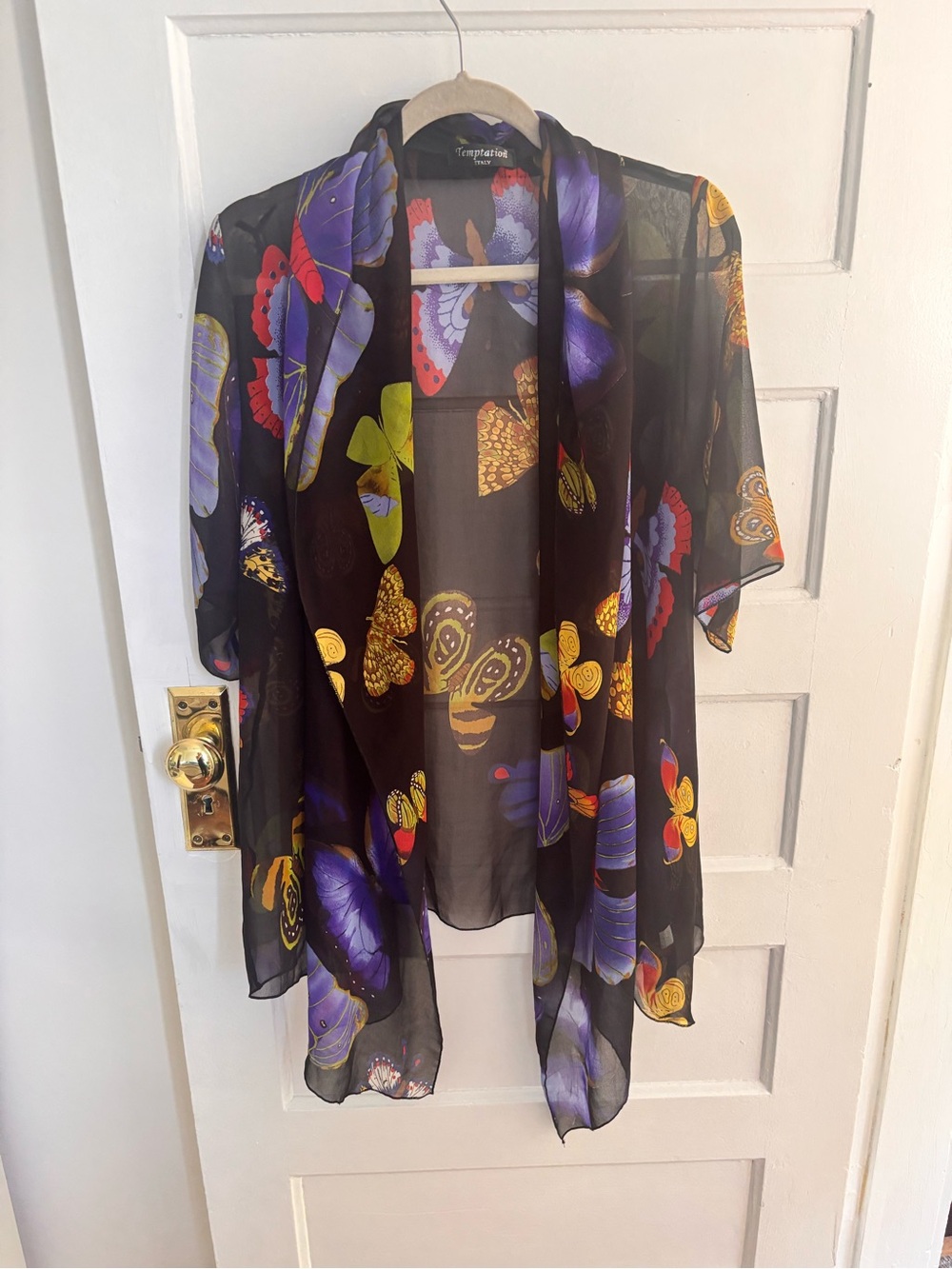 Temptations Sheer Black Butterfly Kimono with Purple, Yellow & Red Accents
